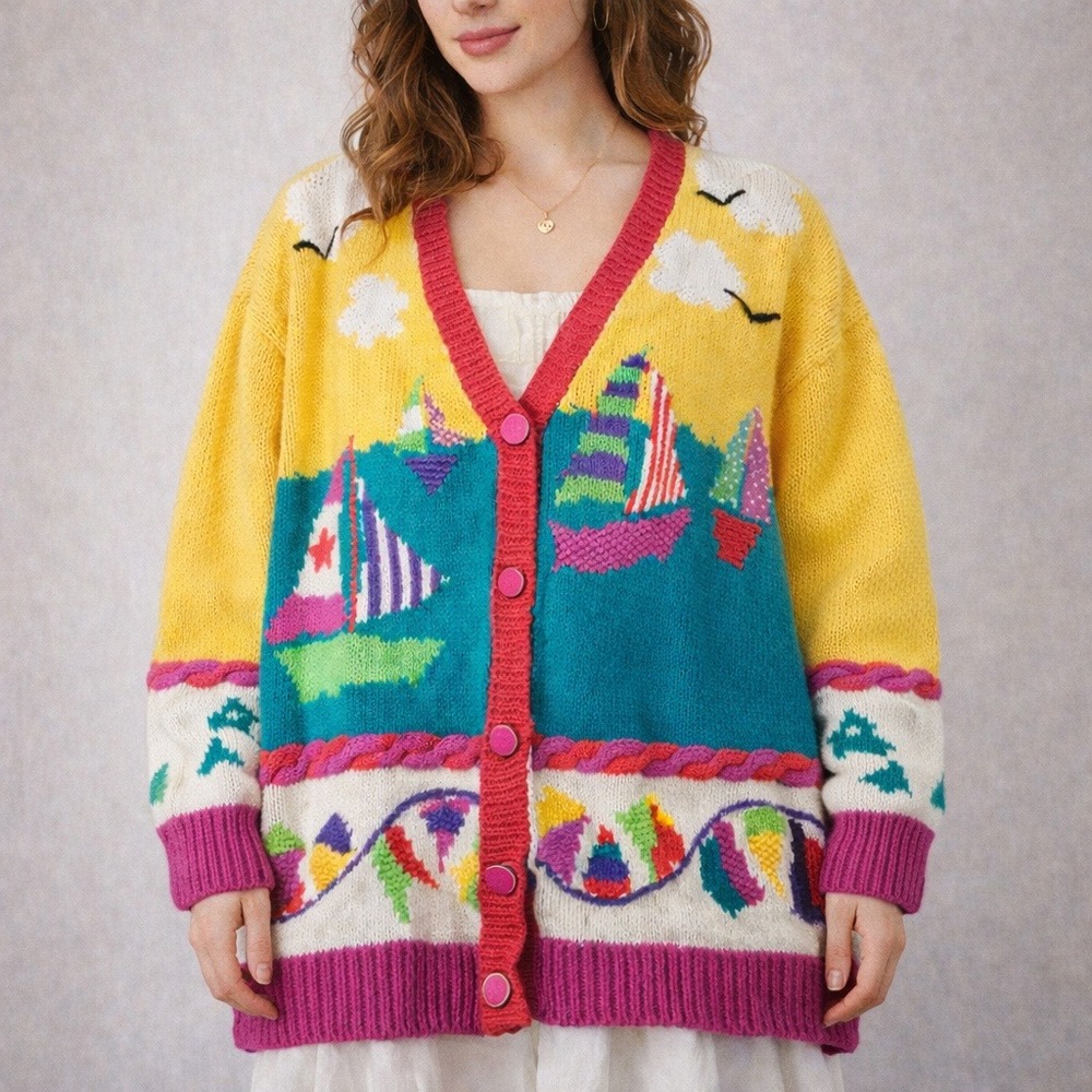Marisa Christina Vintage Knit Cardigan Sweater Nautical Pastel Womens Large